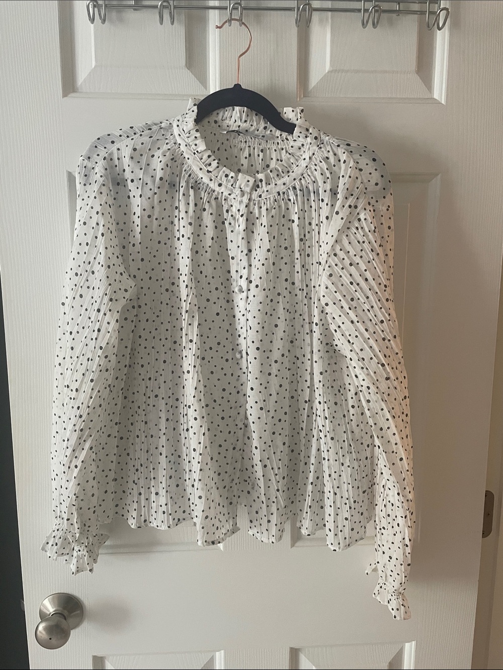 Zara White Blouse with Black Polka Dots and Ruffled Collar
